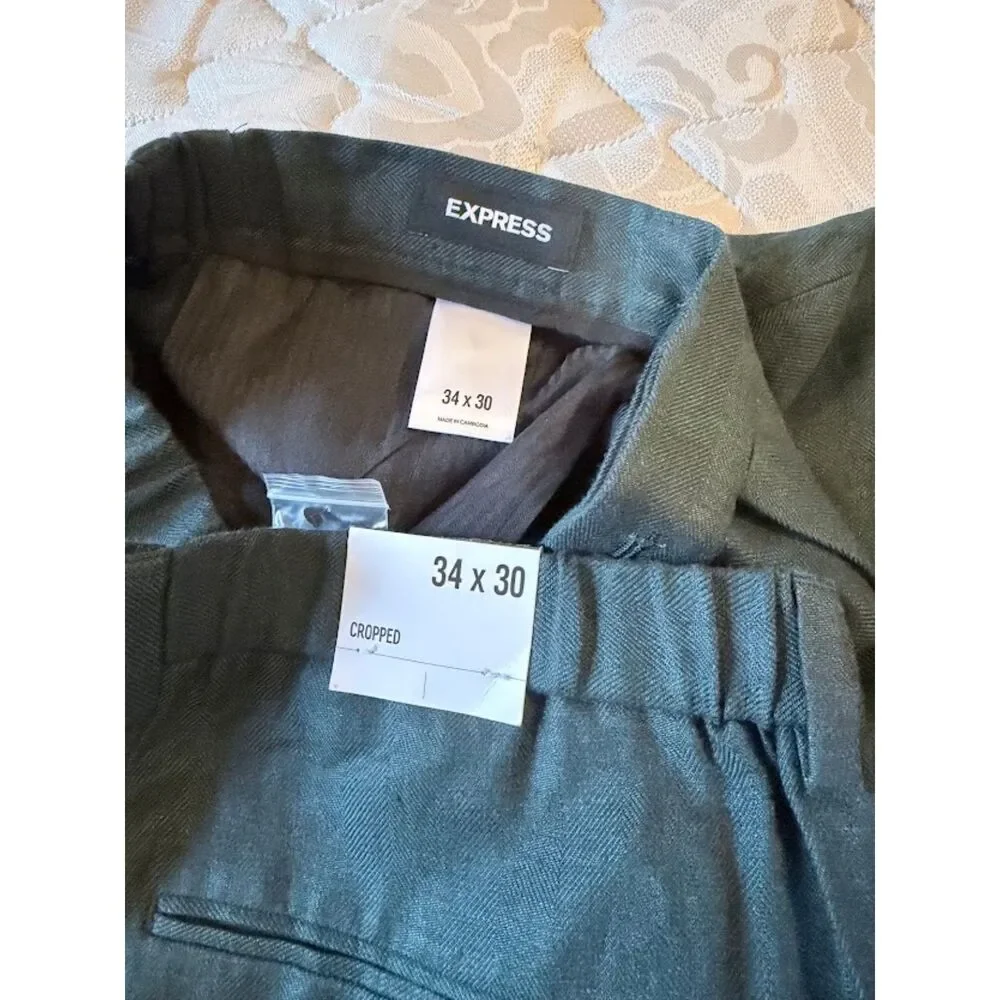 Express Mens 100% Linen Cropped Pants 34x30 Teal Blue/Green NWT Stretch Waist